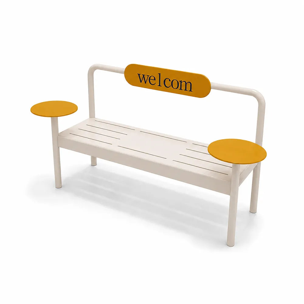 SOLARA Modern Iron Bench Space Saving Design Dual Side Tables for Lobby Waiting Area Retail Store & Reception Space - White