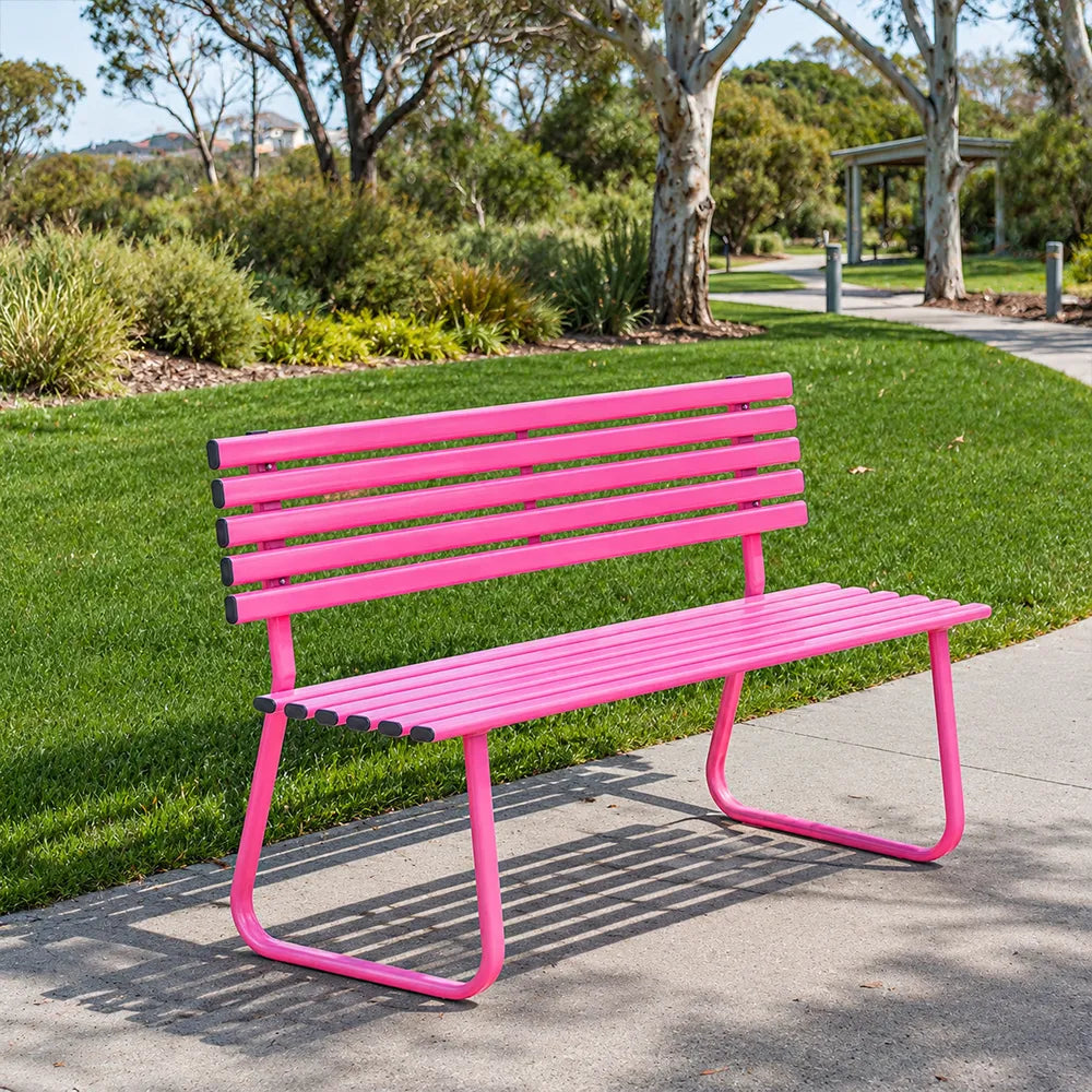 SOLARA Outdoor Metal Bench Weather Resistant Slat Seat Durable Frame for Park Garden Community Public Rest Area - Pink