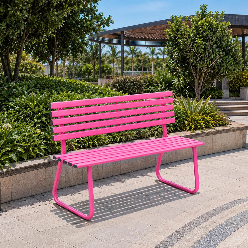 SOLARA Outdoor Metal Bench Weather Resistant Slat Seat Durable Frame for Park Garden Community Public Rest Area - Pink