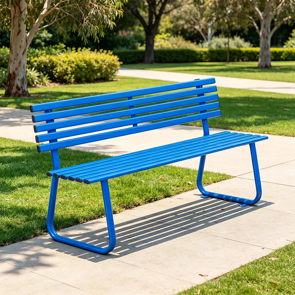 SOLARA Outdoor Metal Bench Weather Resistant Slat Seat Durable Frame for Park Garden Community Public Rest Area - Blue