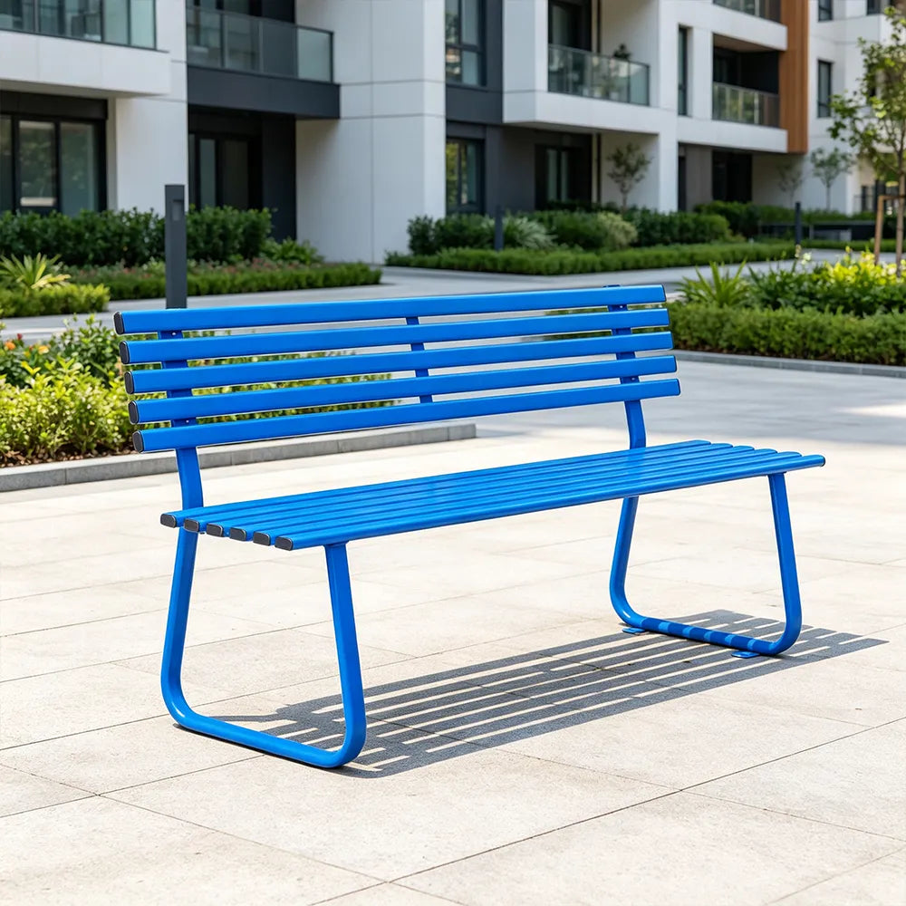 SOLARA Outdoor Metal Bench Weather Resistant Slat Seat Durable Frame for Park Garden Community Public Rest Area - Blue