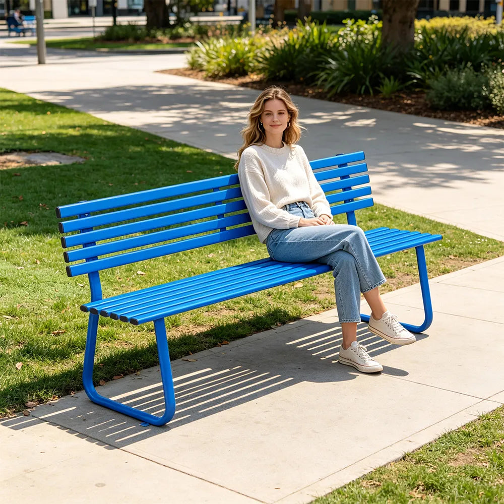 SOLARA Outdoor Metal Bench Weather Resistant Slat Seat Durable Frame for Park Garden Community Public Rest Area - Blue