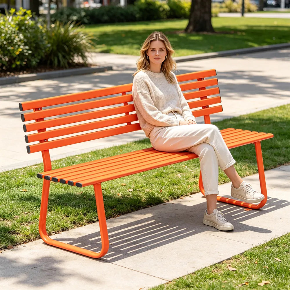 SOLARA Outdoor Metal Bench Weather Resistant Slat Seat Durable Frame for Park Garden Community Public Rest Area - Orange