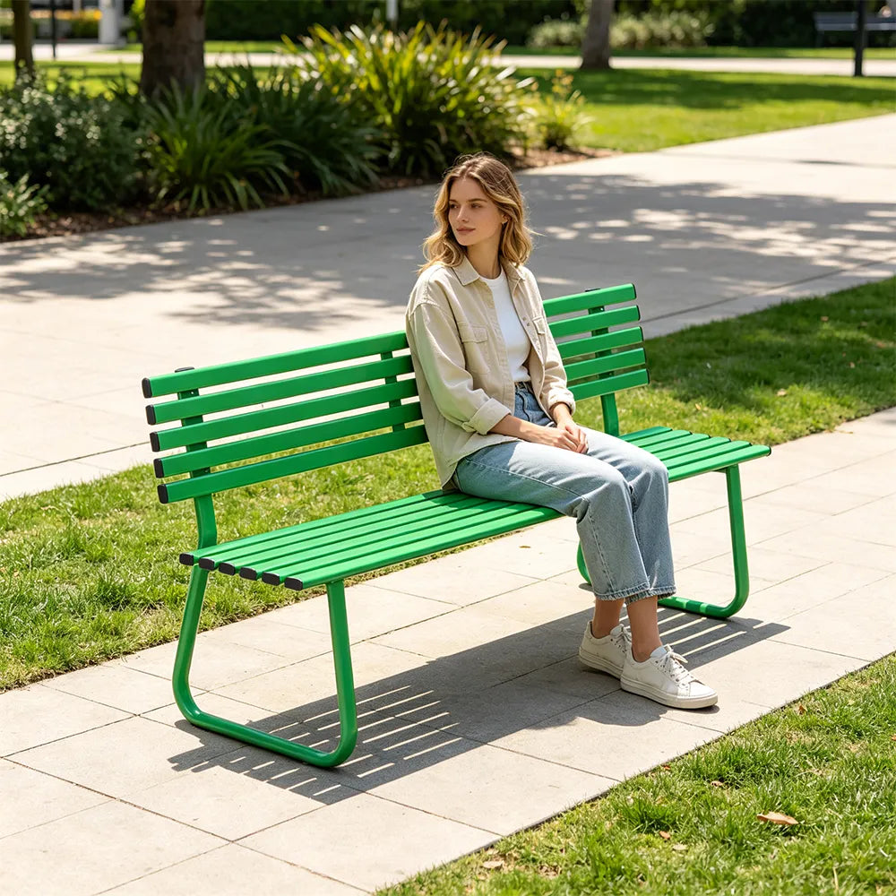SOLARA Outdoor Metal Bench Weather Resistant Slat Seat Durable Frame for Park Garden Community Public Rest Area - Green