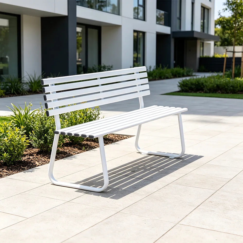SOLARA Outdoor Metal Bench Weather Resistant Slat Seat Durable Frame for Park Garden Community Public Rest Area - White