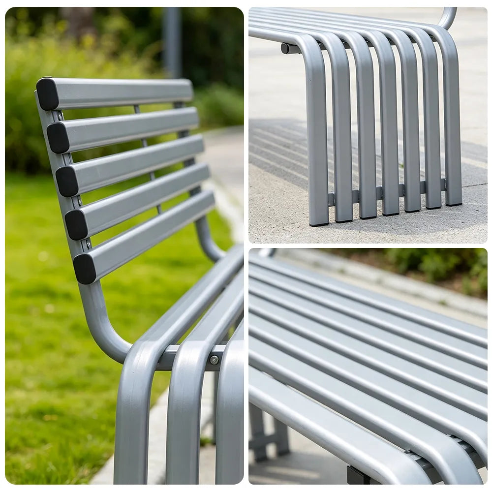 SOLARA Commercial Outdoor Bench Waterproof Sun Resistant Metal Structure for Park Patio Walkway & Leisure Space - Silver