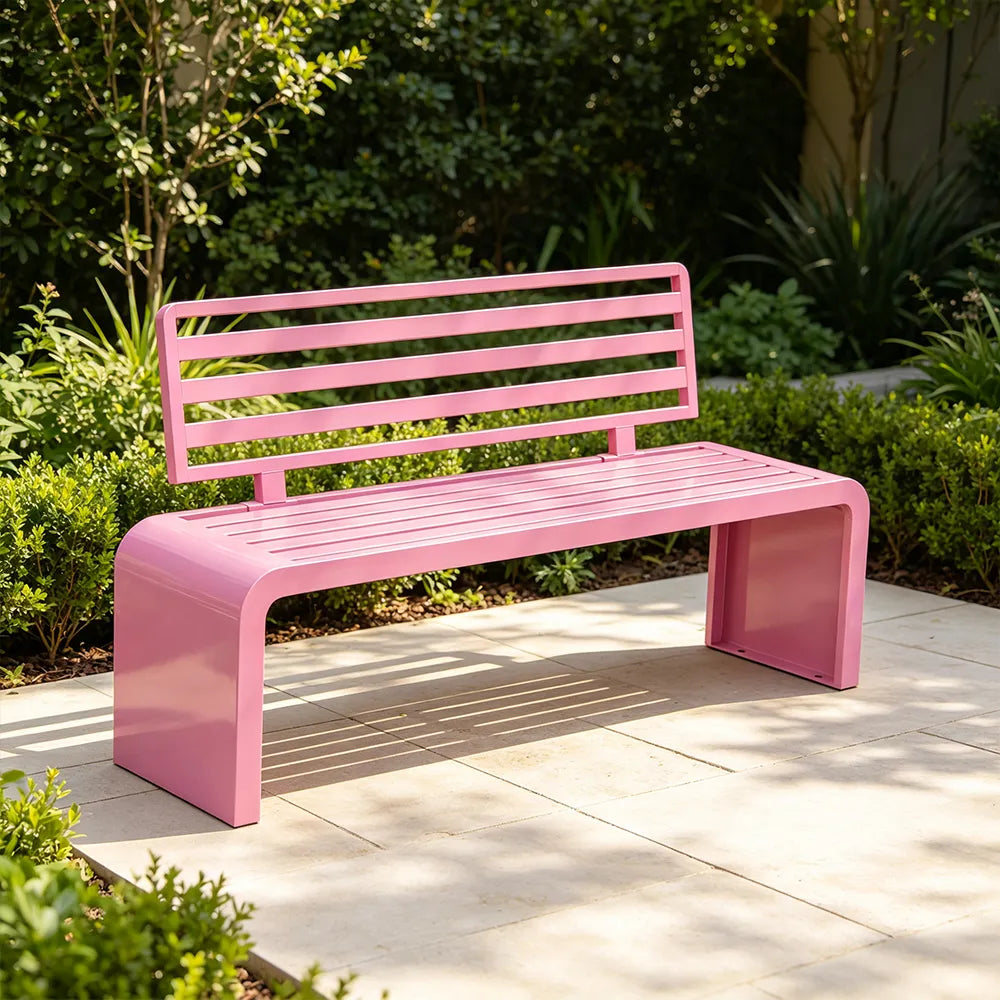 SOLARA Outdoor Park Bench Galvanised Steel Curved Backrest Powder Coated 100/150/200cm for Garden Community Public Areas - Pink