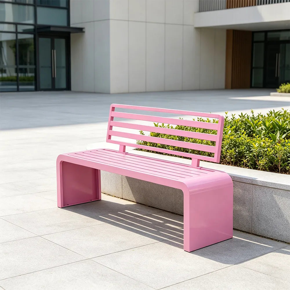 SOLARA Outdoor Park Bench Galvanised Steel Curved Backrest Powder Coated 100/150/200cm for Garden Community Public Areas - Pink