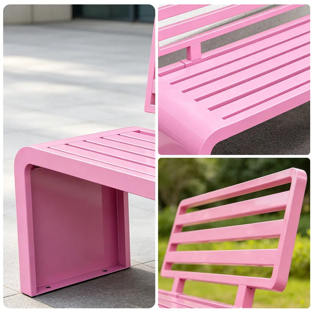 SOLARA Outdoor Park Bench Galvanised Steel Curved Backrest Powder Coated 100/150/200cm for Garden Community Public Areas - Pink