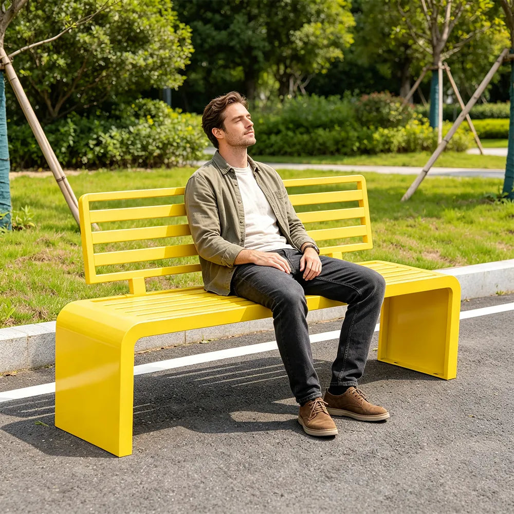 SOLARA Outdoor Park Bench Galvanised Steel Curved Backrest Powder Coated 100/150/200cm for Garden Community Public Areas - Yellow
