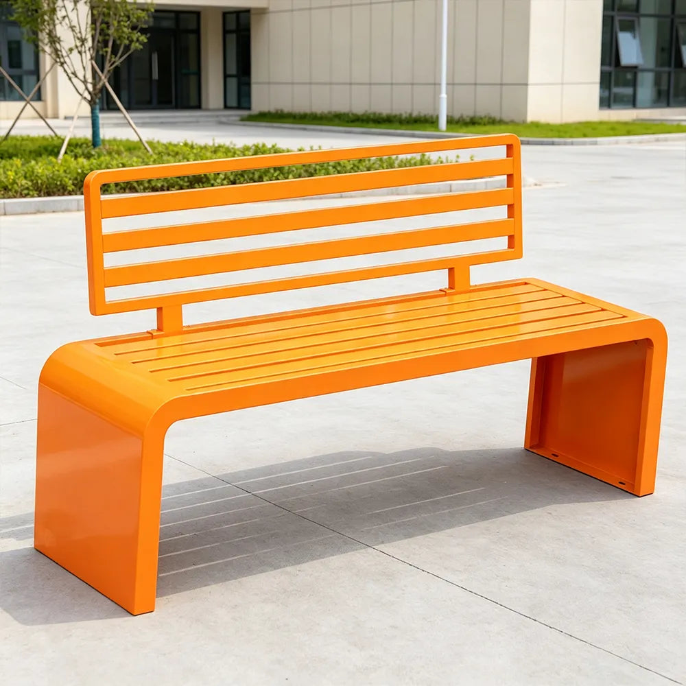 SOLARA Outdoor Park Bench Galvanised Steel Curved Backrest Powder Coated 100/150/200cm for Garden Community Public Areas - Orange