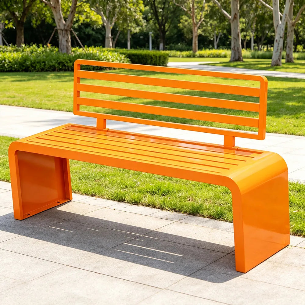 SOLARA Outdoor Park Bench Galvanised Steel Curved Backrest Powder Coated 100/150/200cm for Garden Community Public Areas - Orange