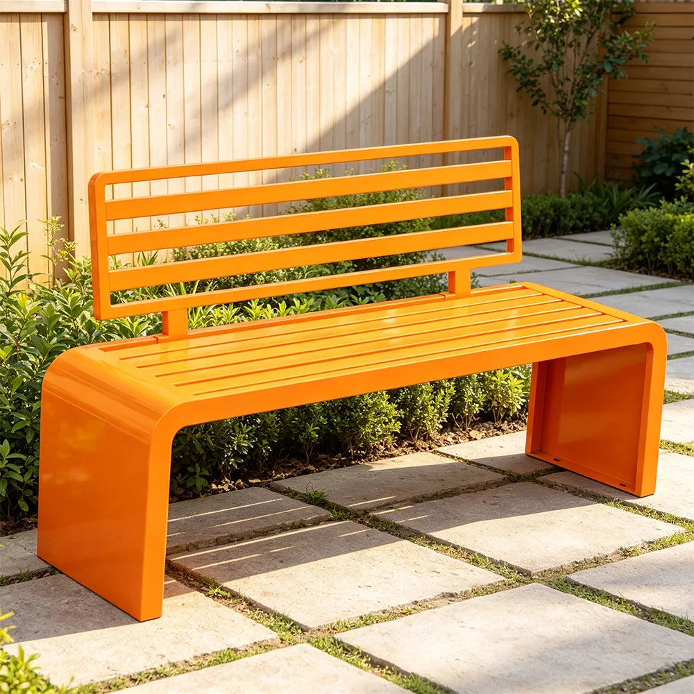 SOLARA Outdoor Park Bench Galvanised Steel Curved Backrest Powder Coated 100/150/200cm for Garden Community Public Areas - Orange