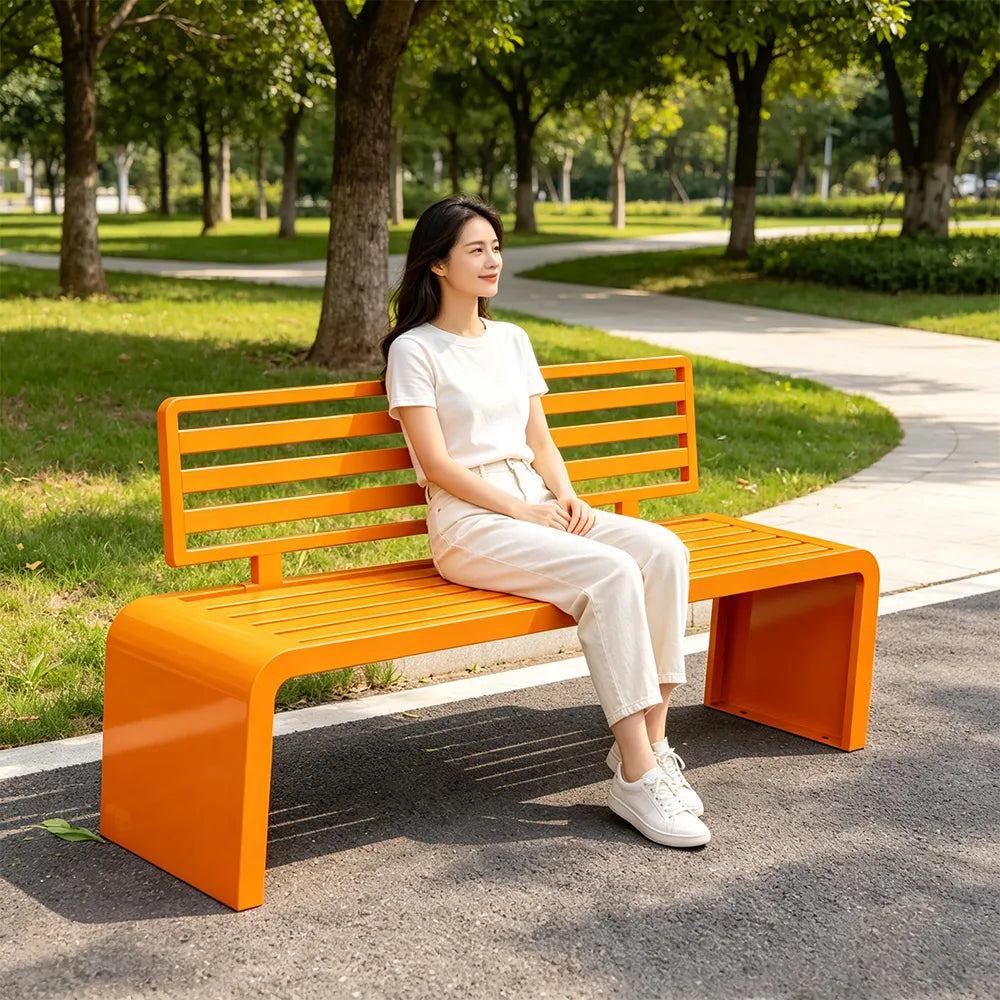 SOLARA Outdoor Park Bench Galvanised Steel Curved Backrest Powder Coated 100/150/200cm for Garden Community Public Areas - Orange