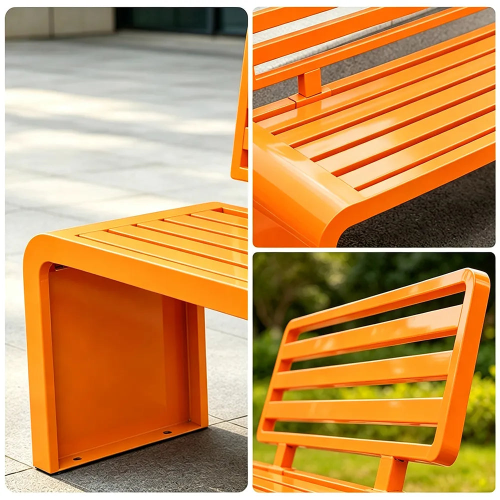 SOLARA Outdoor Park Bench Galvanised Steel Curved Backrest Powder Coated 100/150/200cm for Garden Community Public Areas - Orange