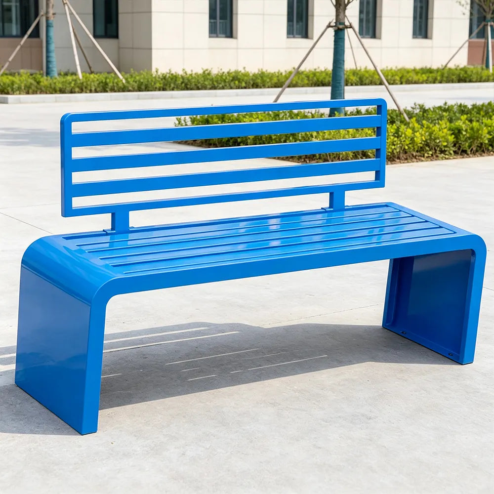 SOLARA Outdoor Park Bench Galvanised Steel Curved Backrest Powder Coated 100/150/200cm for Garden Community Public Areas - Blue
