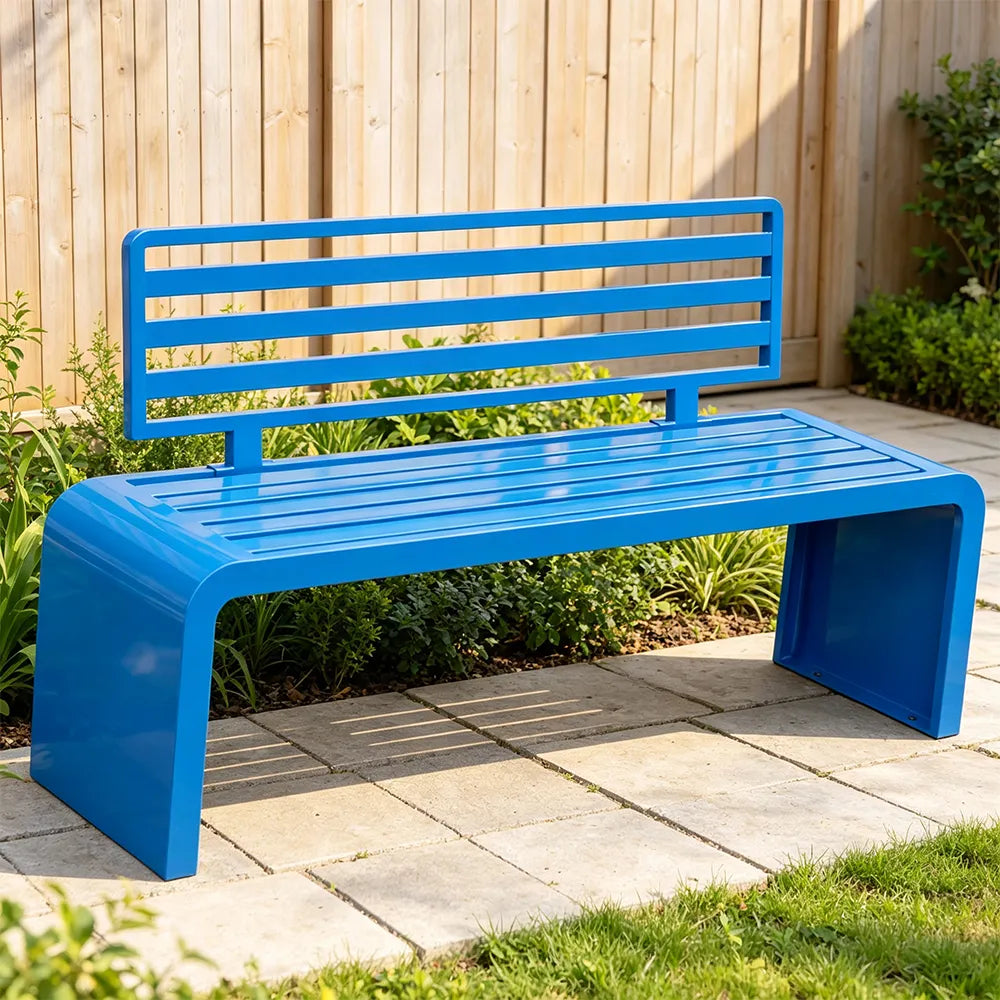 SOLARA Outdoor Park Bench Galvanised Steel Curved Backrest Powder Coated 100/150/200cm for Garden Community Public Areas - Blue