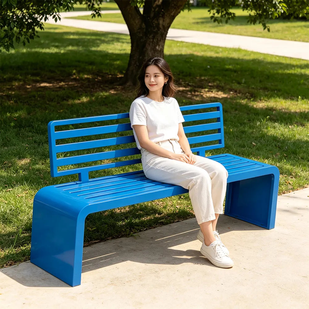 SOLARA Outdoor Park Bench Galvanised Steel Curved Backrest Powder Coated 100/150/200cm for Garden Community Public Areas - Blue