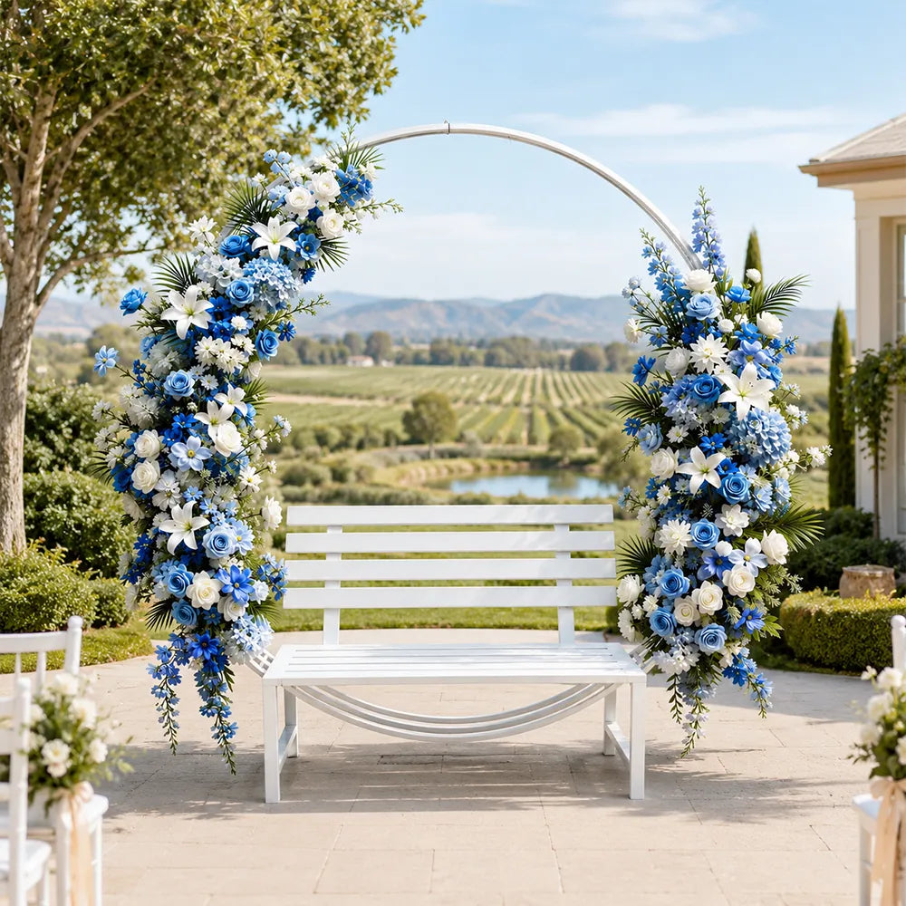 SOLARA Romantic Round Metal Bench Iron Frame Floral Display Backdrop for Wedding Event Commercial Decoration - White