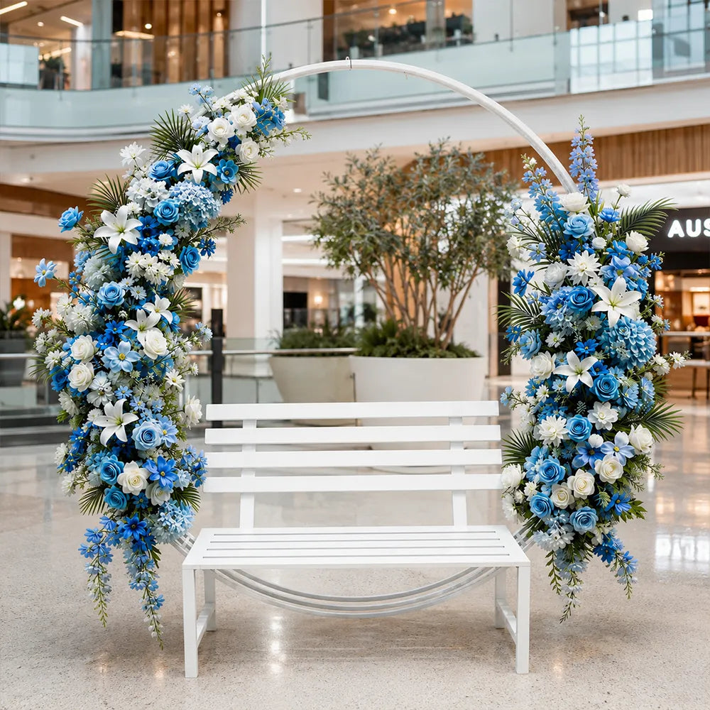 SOLARA Romantic Round Metal Bench Iron Frame Floral Display Backdrop for Wedding Event Commercial Decoration - White