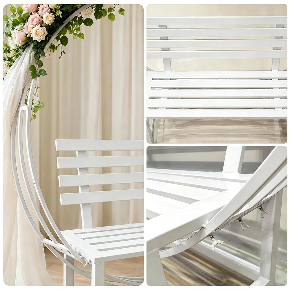 SOLARA Romantic Round Metal Bench Iron Frame Floral Display Backdrop for Wedding Event Commercial Decoration - White