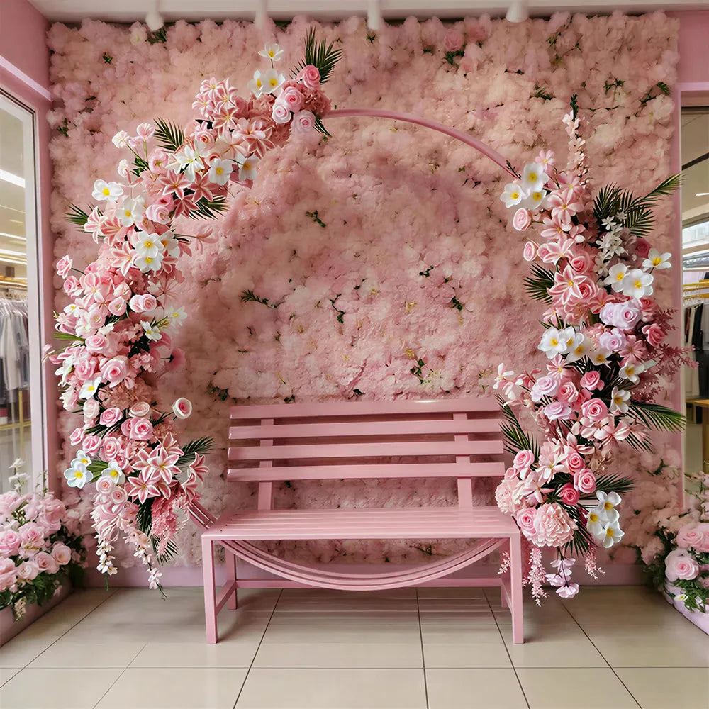 SOLARA Romantic Round Metal Bench Iron Frame Floral Display Backdrop for Wedding Event Commercial Decoration - Pink
