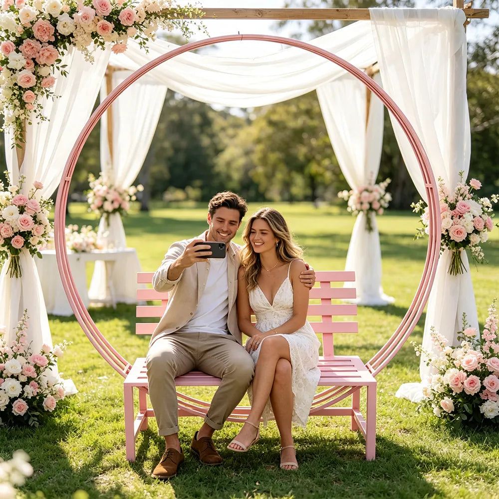 SOLARA Romantic Round Metal Bench Iron Frame Floral Display Backdrop for Wedding Event Commercial Decoration - Pink