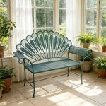 SOLARA Vintage Peacock Iron Bench Artistic Backrest Armchair Design for Balcony Sunroom Entrance & Covered Patio