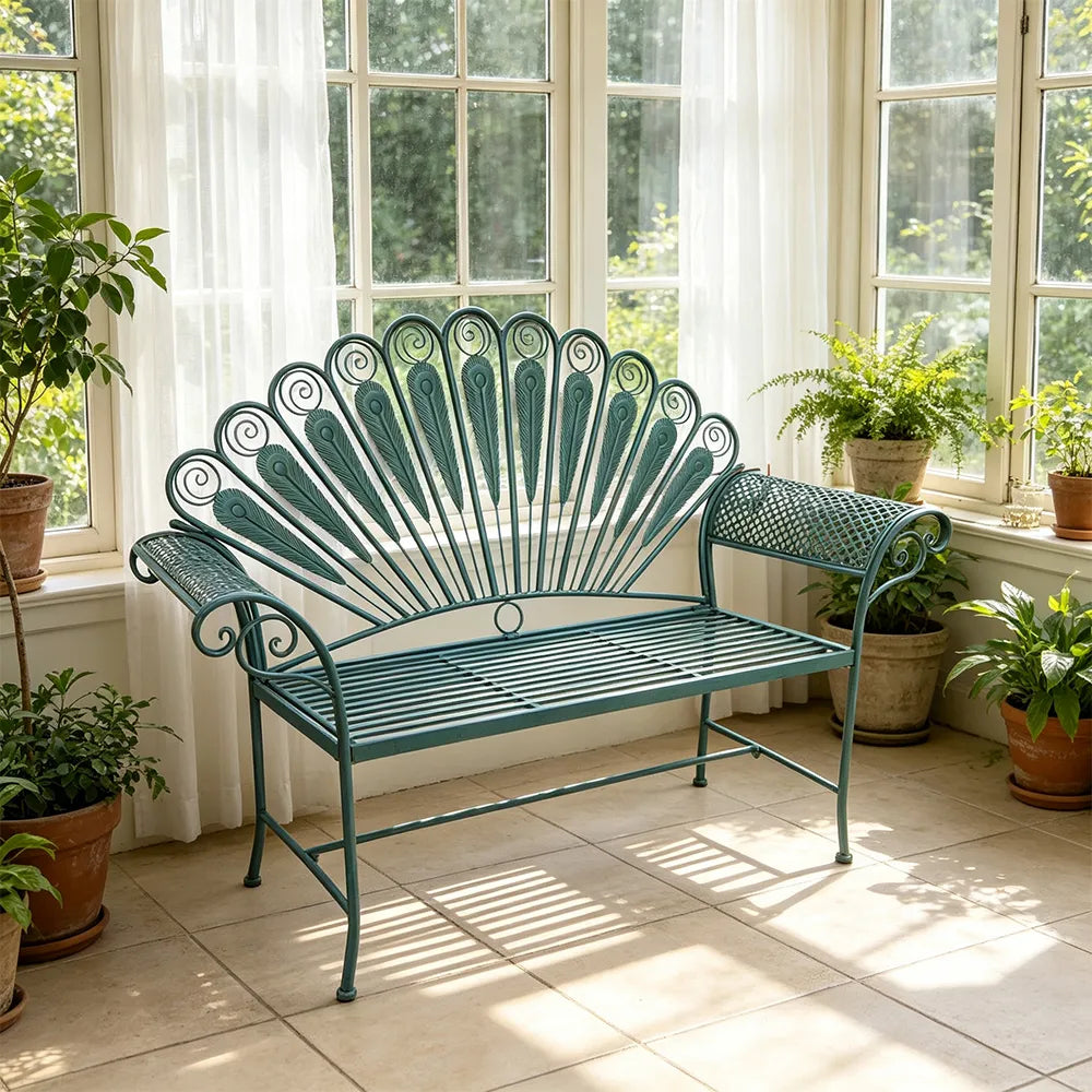 SOLARA Vintage Peacock Iron Bench Artistic Backrest Armchair Design for Balcony Sunroom Entrance & Covered Patio