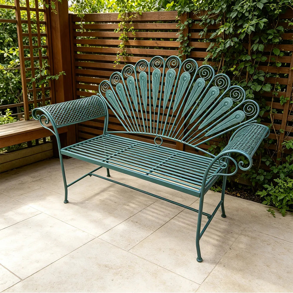 SOLARA Vintage Peacock Iron Bench Artistic Backrest Armchair Design for Balcony Sunroom Entrance & Covered Patio