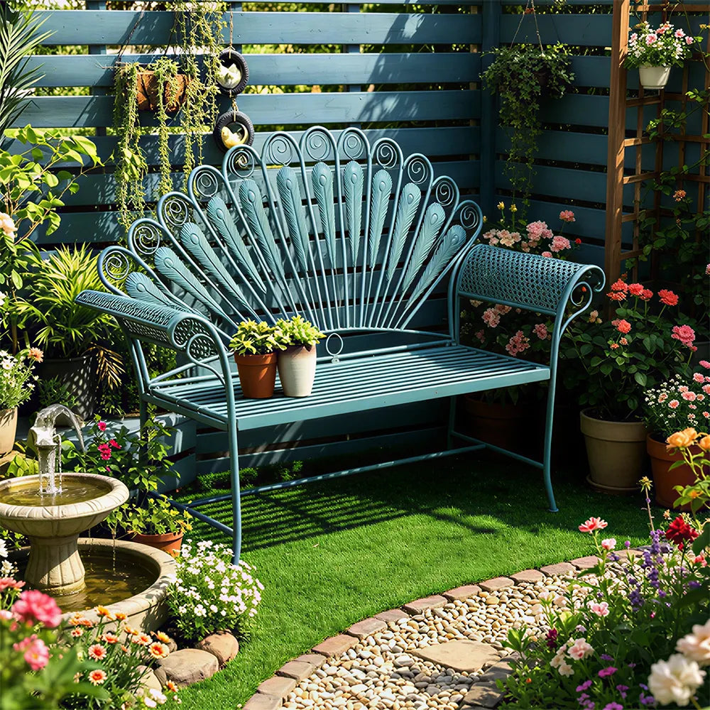 SOLARA Vintage Peacock Iron Bench Artistic Backrest Armchair Design for Balcony Sunroom Entrance & Covered Patio