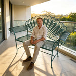 SOLARA Vintage Peacock Iron Bench Artistic Backrest Armchair Design for Balcony Sunroom Entrance & Covered Patio