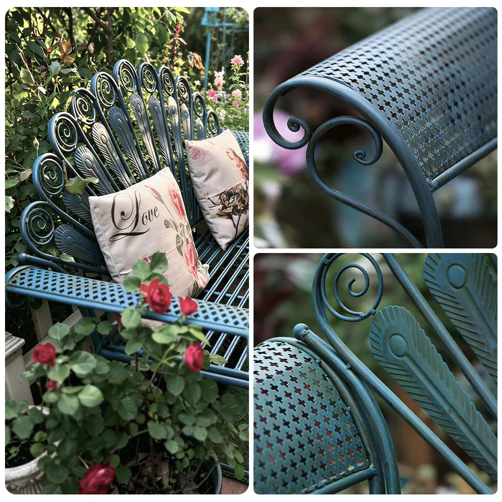 SOLARA Vintage Peacock Iron Bench Artistic Backrest Armchair Design for Balcony Sunroom Entrance & Covered Patio
