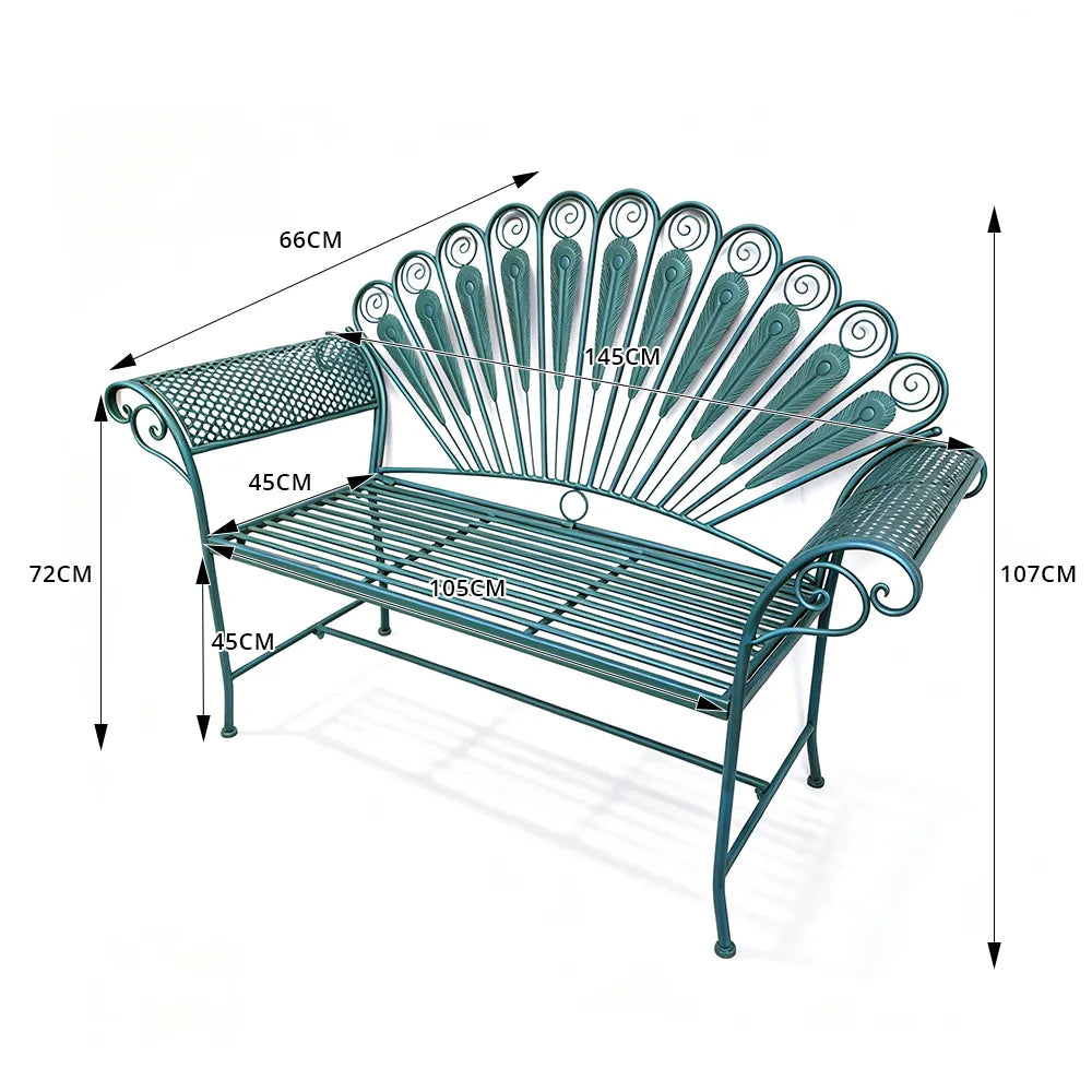 SOLARA Vintage Peacock Iron Bench Artistic Backrest Armchair Design for Balcony Sunroom Entrance & Covered Patio