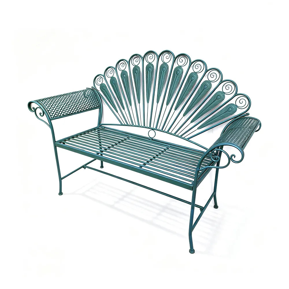 SOLARA Vintage Peacock Iron Bench Artistic Backrest Armchair Design for Balcony Sunroom Entrance & Covered Patio