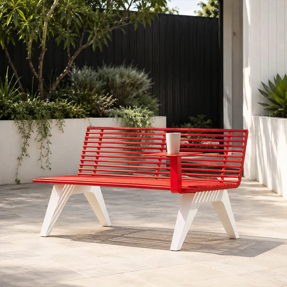 SOLARA Outdoor Metal Double Bench Galvanised Steel Slatted Seat Centre Table Design 140/180/200cm for Patio Garden Public Space - Red