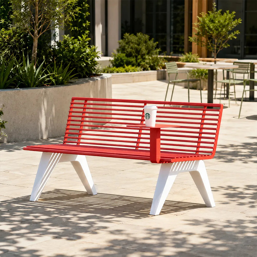 SOLARA Outdoor Metal Double Bench Galvanised Steel Slatted Seat Centre Table Design 140/180/200cm for Patio Garden Public Space - Red