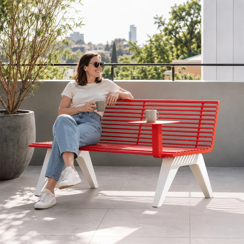 SOLARA Outdoor Metal Double Bench Galvanised Steel Slatted Seat Centre Table Design 140/180/200cm for Patio Garden Public Space - Red