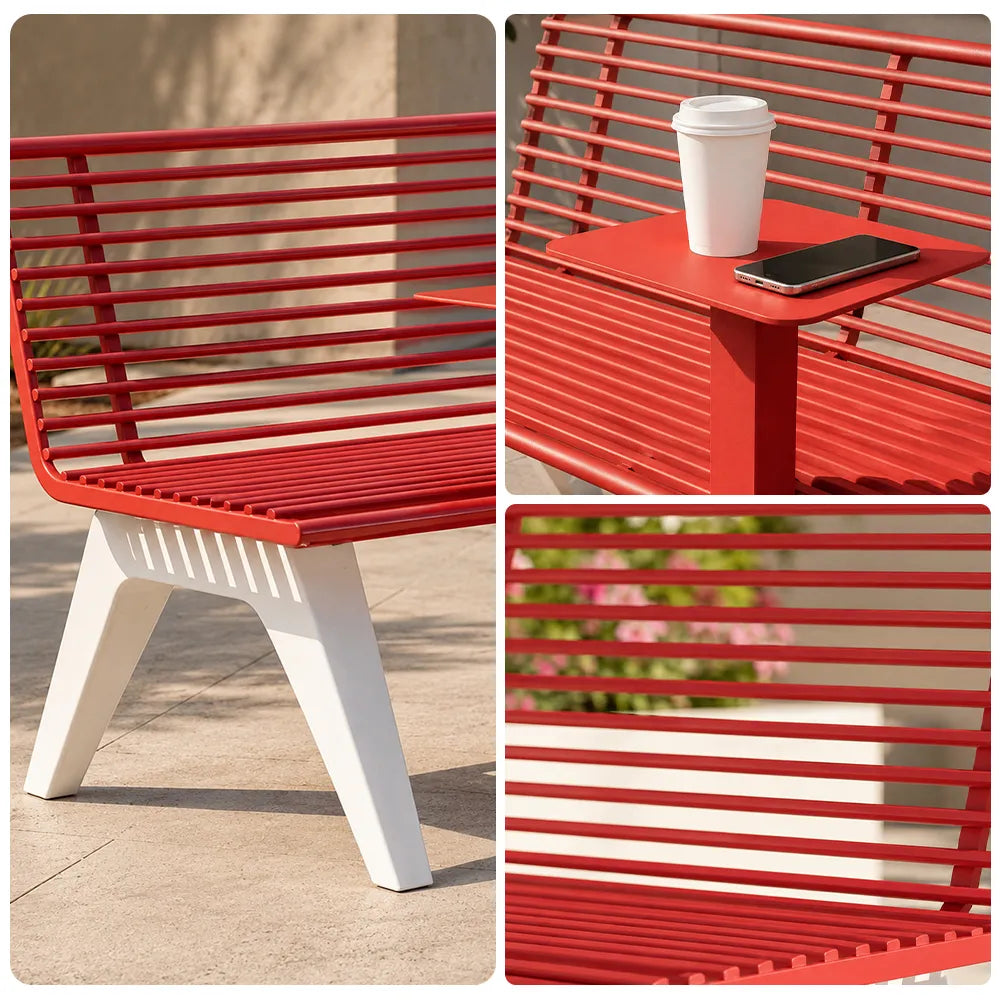 SOLARA Outdoor Metal Double Bench Galvanised Steel Slatted Seat Centre Table Design 140/180/200cm for Patio Garden Public Space - Red