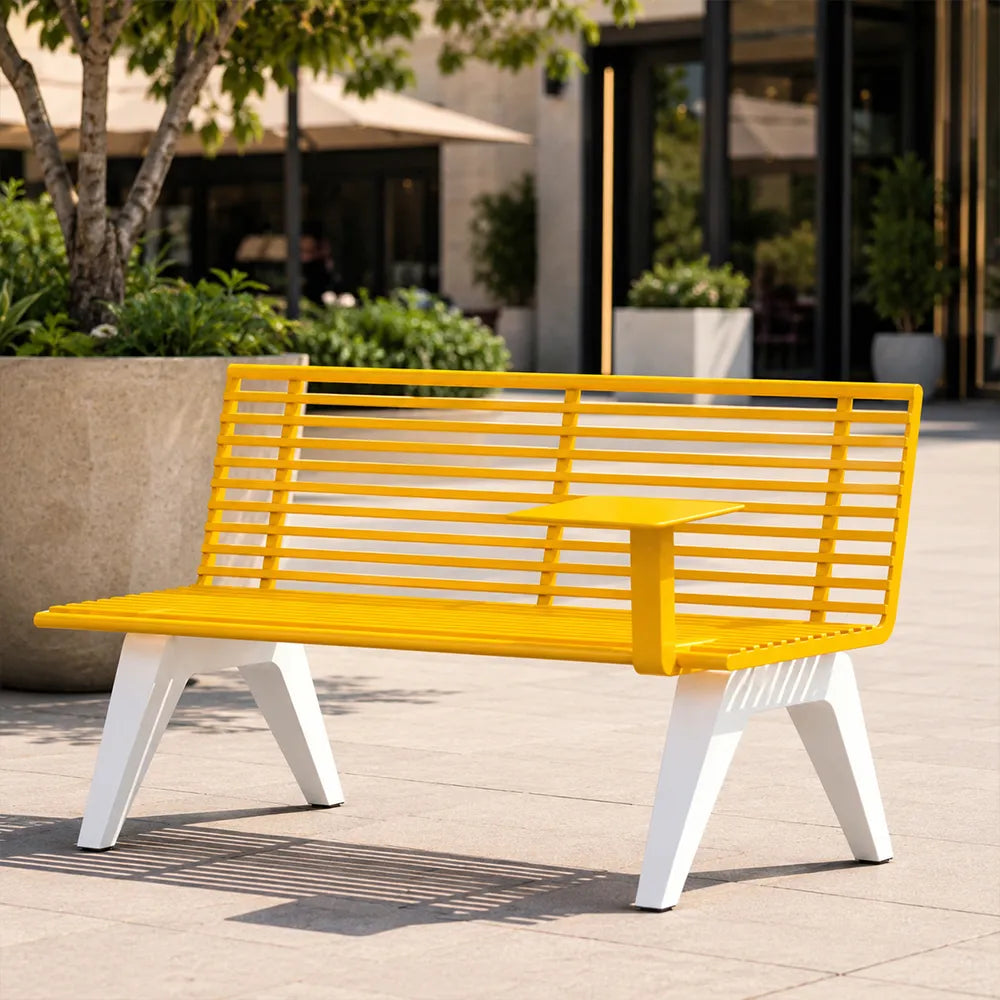SOLARA Outdoor Metal Double Bench Galvanised Steel Slatted Seat Centre Table Design 140/180/200cm for Patio Garden Public Space - Yellow