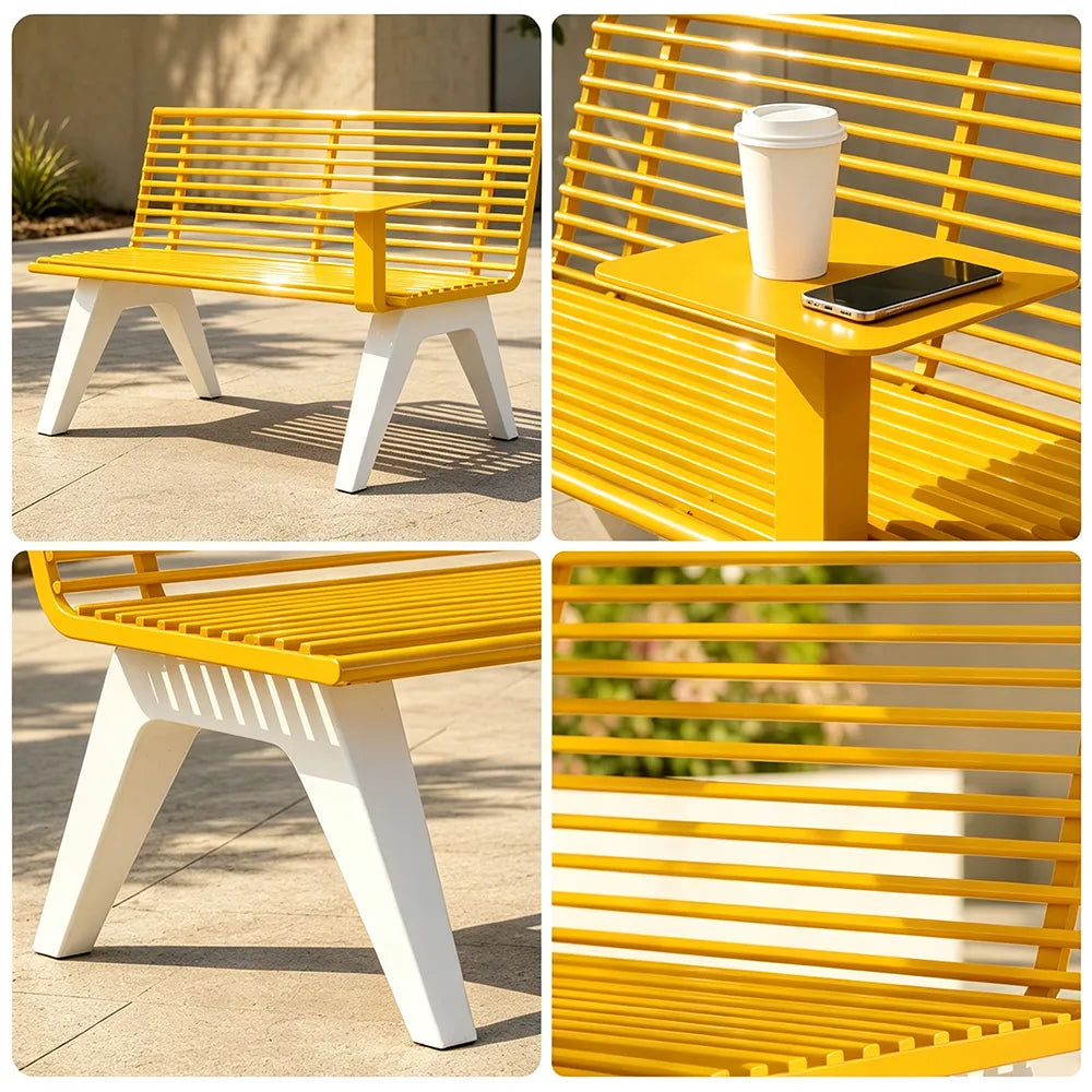 SOLARA Outdoor Metal Double Bench Galvanised Steel Slatted Seat Centre Table Design 140/180/200cm for Patio Garden Public Space - Yellow