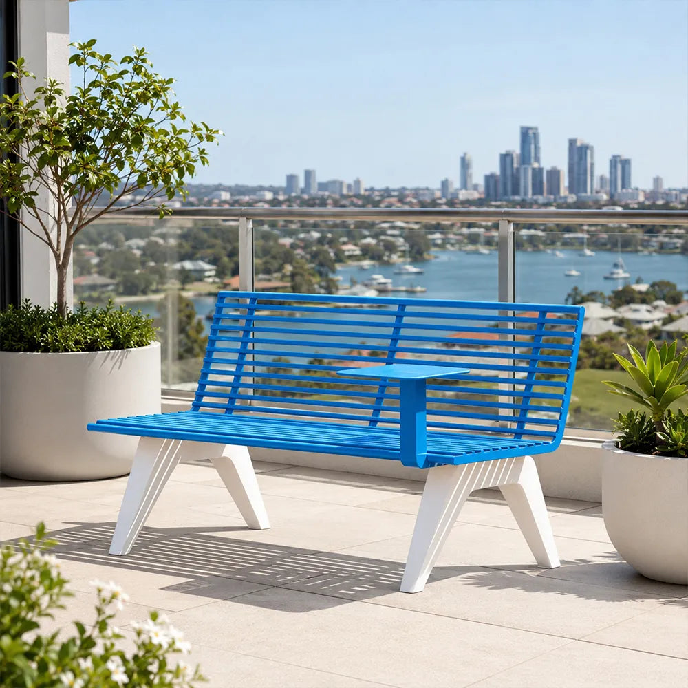 SOLARA Outdoor Metal Double Bench Galvanised Steel Slatted Seat Centre Table Design 140/180/200cm for Patio Garden Public Space - Blue