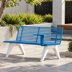 SOLARA Outdoor Metal Double Bench Galvanised Steel Slatted Seat Centre Table Design 140/180/200cm for Patio Garden Public Space - Blue