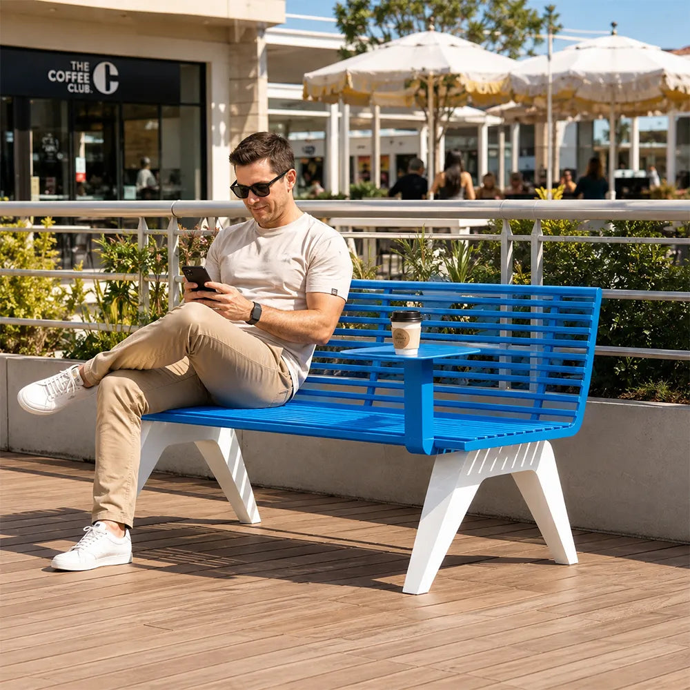 SOLARA Outdoor Metal Double Bench Galvanised Steel Slatted Seat Centre Table Design 140/180/200cm for Patio Garden Public Space - Blue