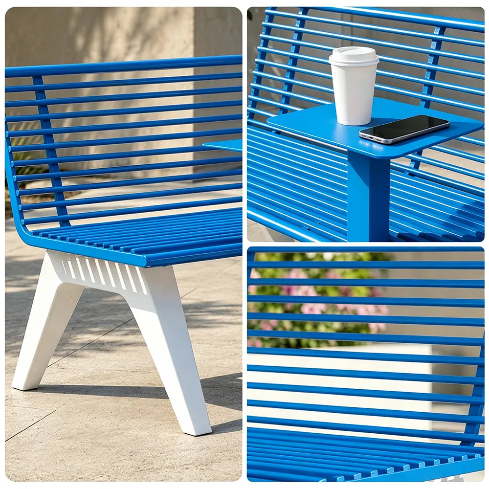 SOLARA Outdoor Metal Double Bench Galvanised Steel Slatted Seat Centre Table Design 140/180/200cm for Patio Garden Public Space - Blue