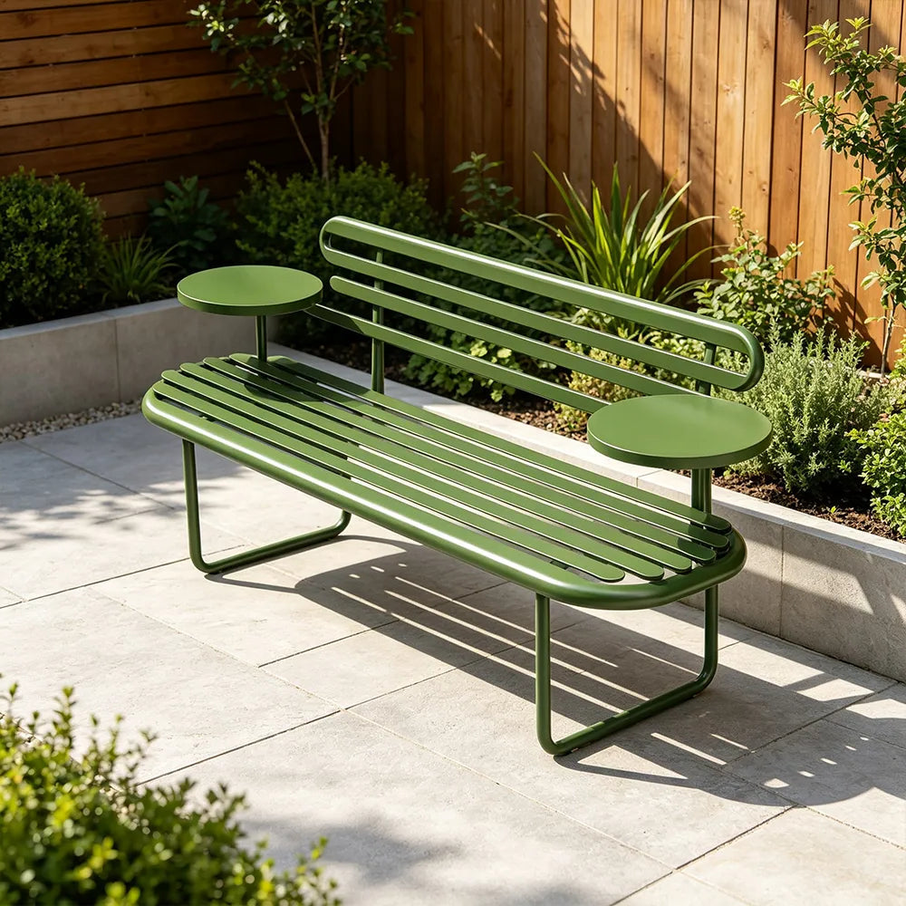SOLARA Minimalist Outdoor Bench Iron Construction Weatherproof Finish 140/160cm for Terrace Garden Space - Green