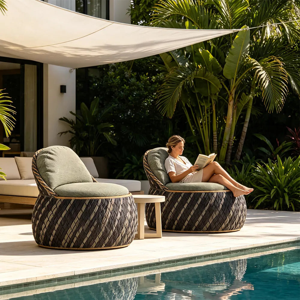 SOLARA Outdoor Wicker Lounge Chair with Cushioned Seat for Patio Garden Balcony Relaxing Space - Blue