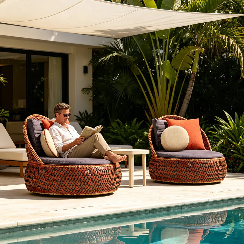 SOLARA Outdoor Wicker Lounge Chair with Cushioned Seat for Patio Garden Balcony Relaxing Space - Terracotta Brown