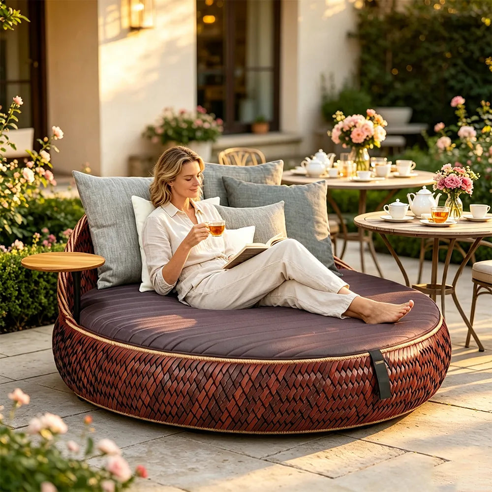 SOLARA Outdoor Wicker Daybed with Cushioned Mattress and Round Design for Patio Garden Poolside Relaxing Space - Terracotta Brown