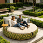 SOLARA Outdoor Wicker Daybed with Cushioned Mattress and Round Design for Patio Garden Poolside Relaxing Space - Green